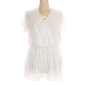 Angashion Swiss Dot Romper Women XXL White Wrap VNeck Short Sleeve Elastic Waist